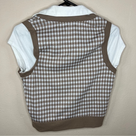 SMALL MERAKI PLAID CROP TOP BEIGE WHITE CLASSIC PREPPY ACADEMIA SHORT SLEEVE - Picture 3 of 7